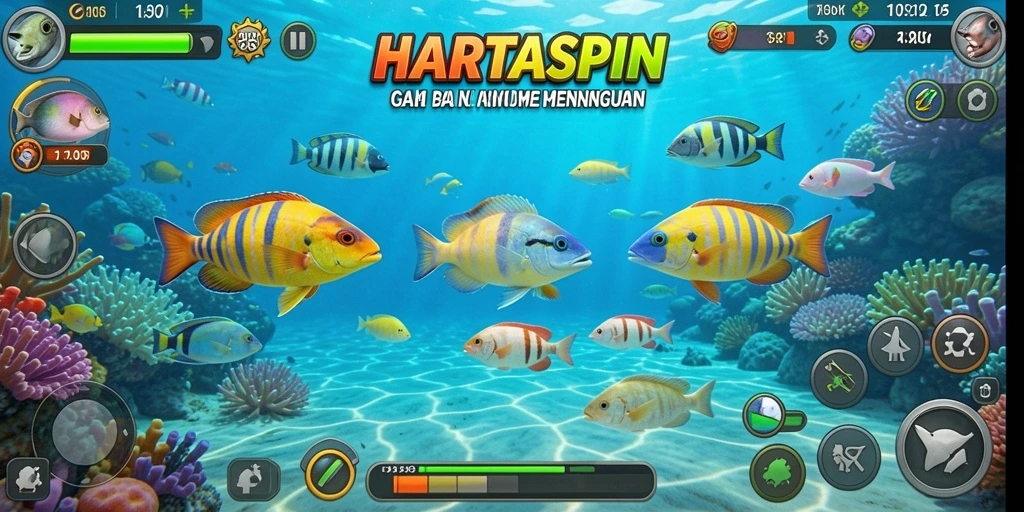 Tampilan gameplay HARTASPIN yang seru dengan berbagai jenis ikan.