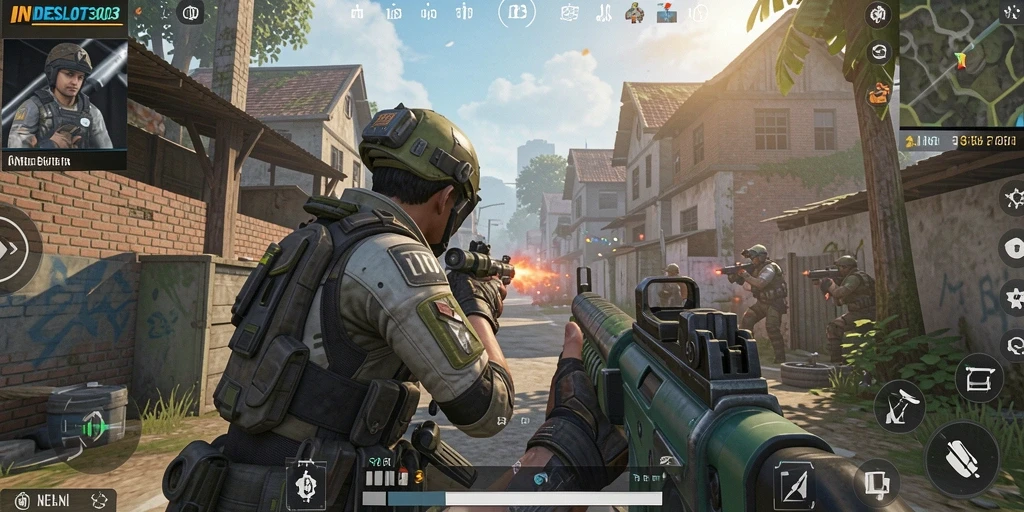 Tampilan aksi seru dalam permainan FPS INDESLOT303.