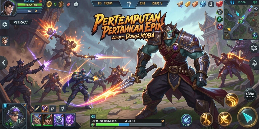 Tampilan gameplay seru di MITRA77 dengan berbagai karakter MOBA.