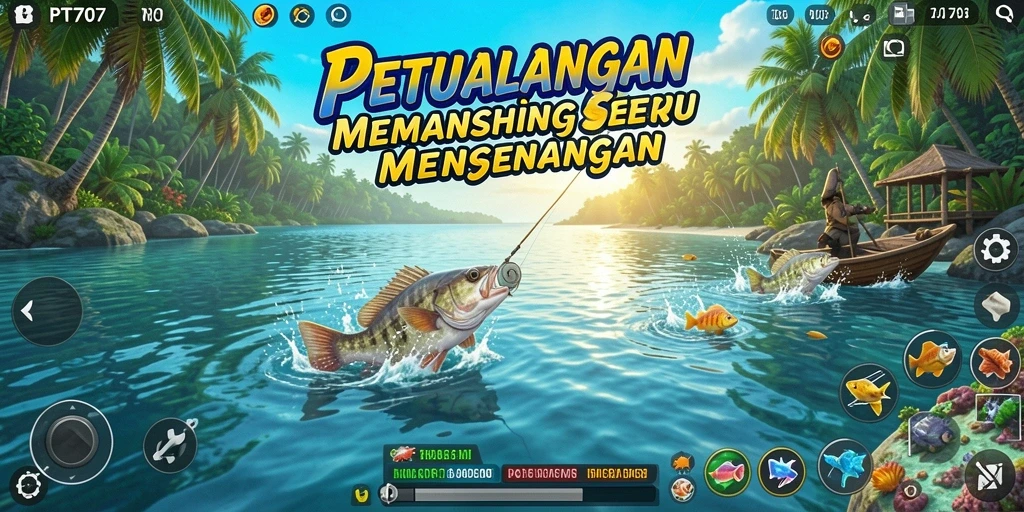 Screenshot menunjukkan pengalaman memancing yang seru dan penuh warna.
