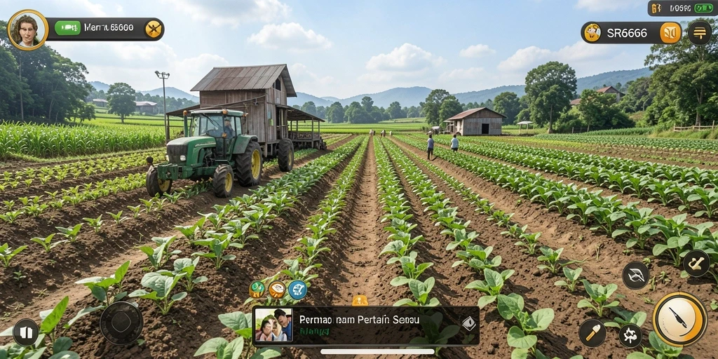 Screenshot gameplay SR6666 menunjukkan ladang pertanian yang subur dan proses panen.