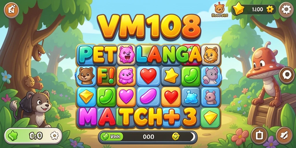 Tampilan gameplay Match-3 yang seru dan penuh warna di VM108.